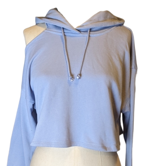 PEYTON VALLEY Tops - Peyton Valley Cropped Sweatshirt Hoodie W Cutout Shoulder, Blue, Women's Small